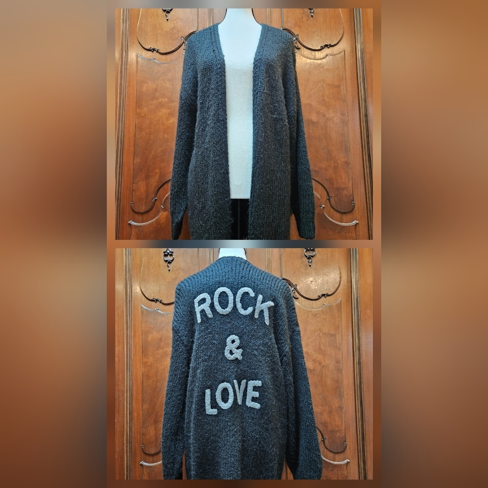 Open Cardigan Sweater with Rock & Love Design On Back Black And Gray Oversized S